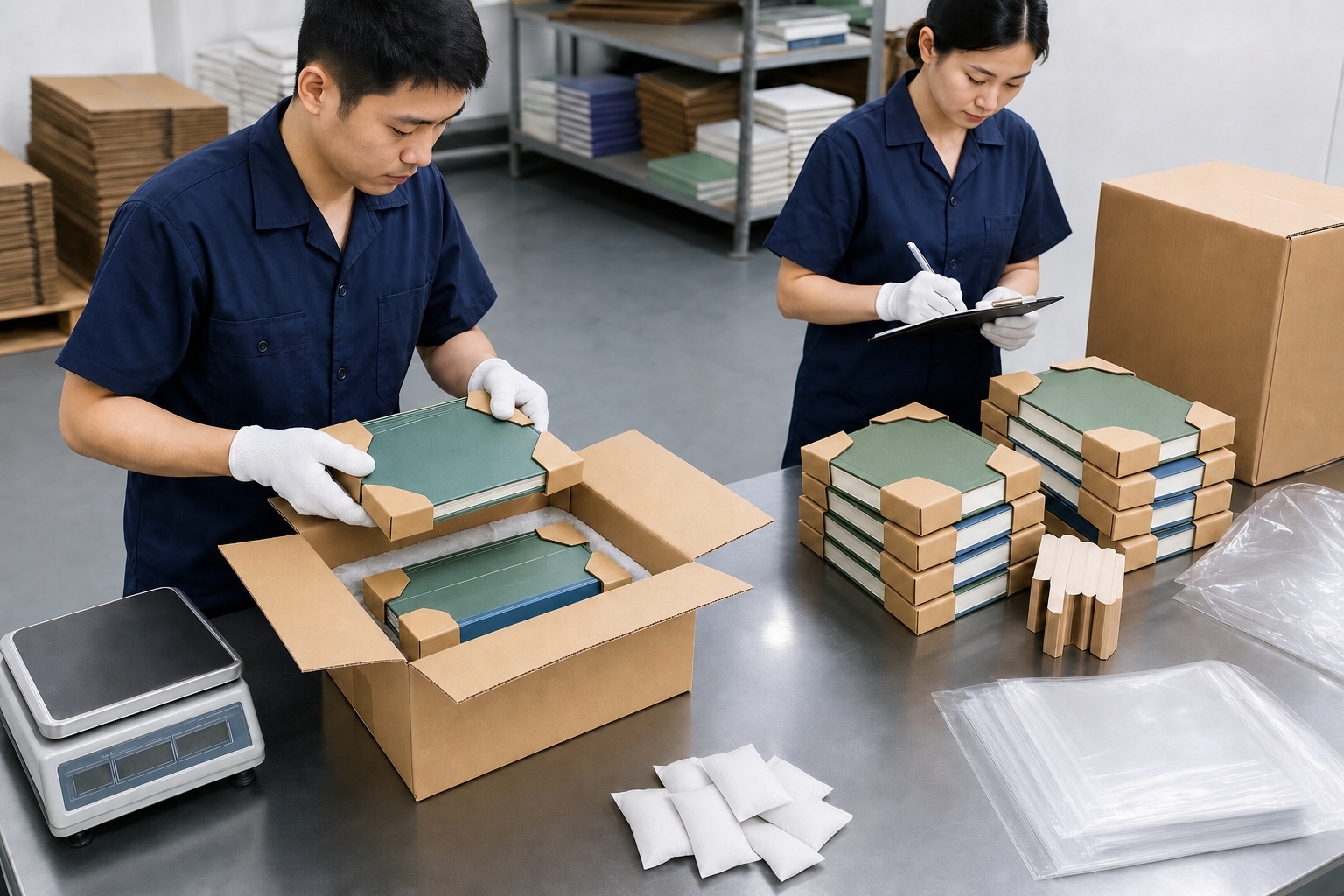 兩位穿深藍工作服的亞洲品質人員檢查書刊護角、防潮袋、外箱與電子磅秤