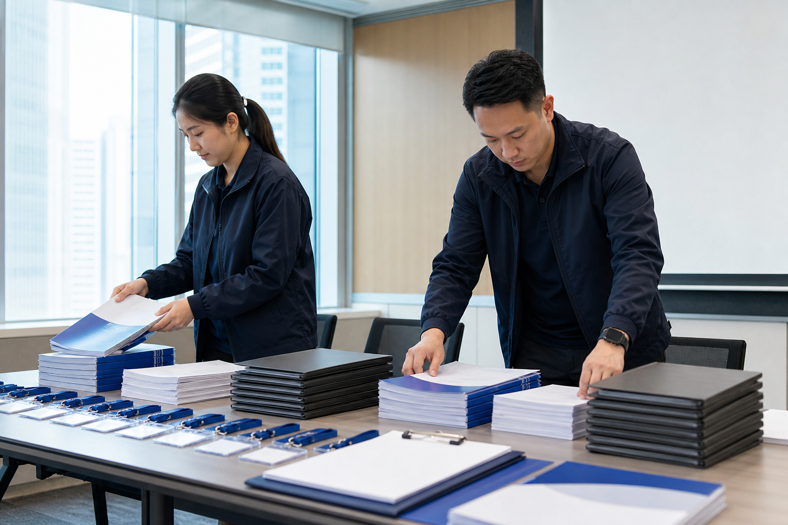 香港培訓場地人員按場次整理手冊、工作紙、名牌與文件夾套裝