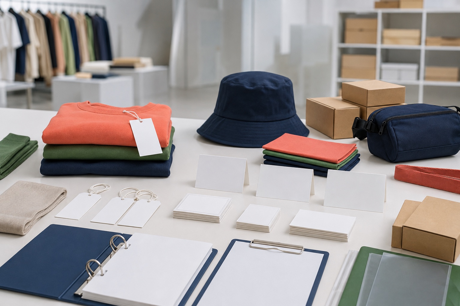 時尚展會工作桌上的無品牌服飾配件、空白吊牌、空白價牌、空白版本卡、補貨記錄卡與小型紙盒