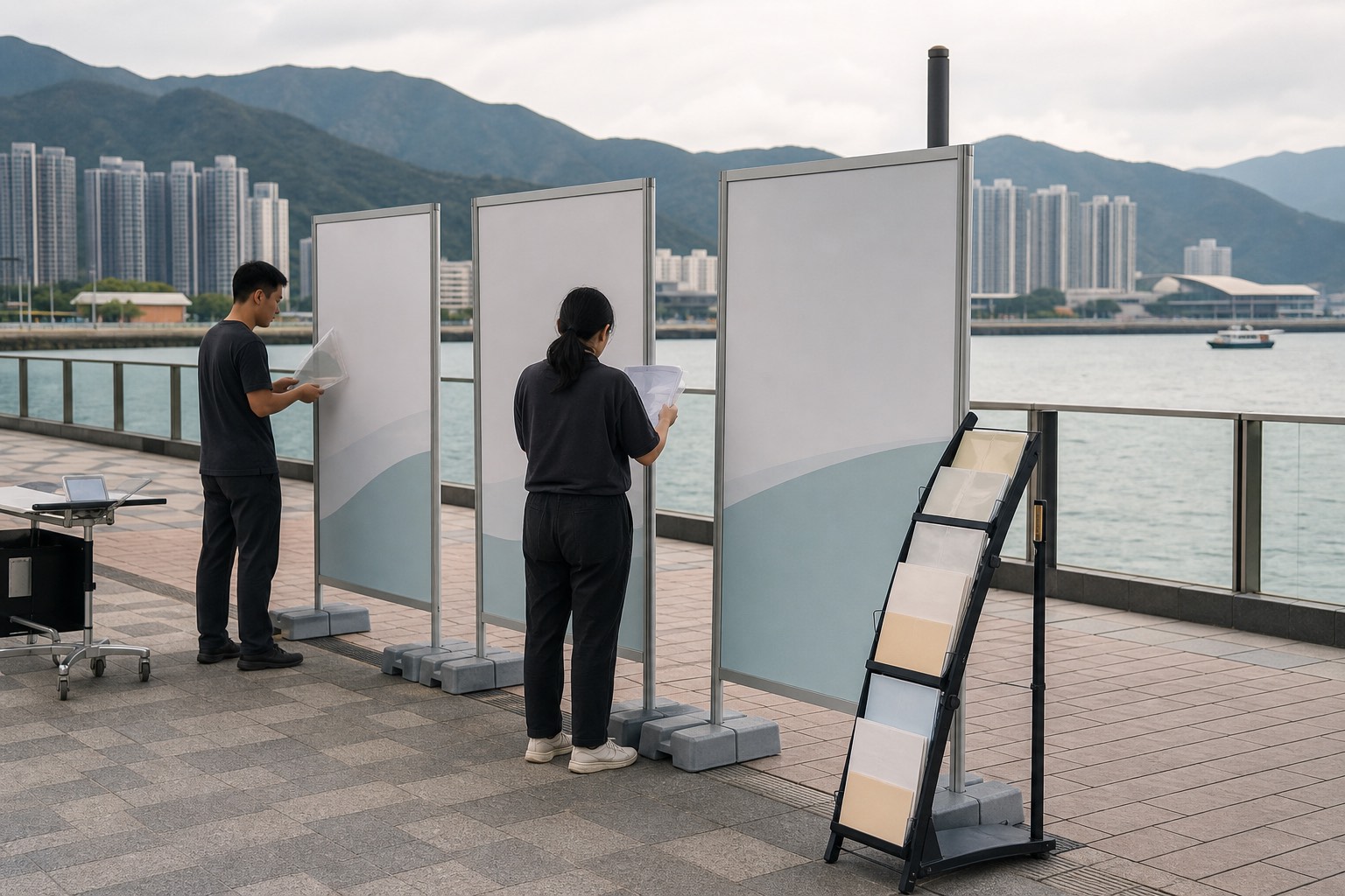 香港海濱長廊上，兩名工作人員核對無字戶外展板、空白派發物與加重底座