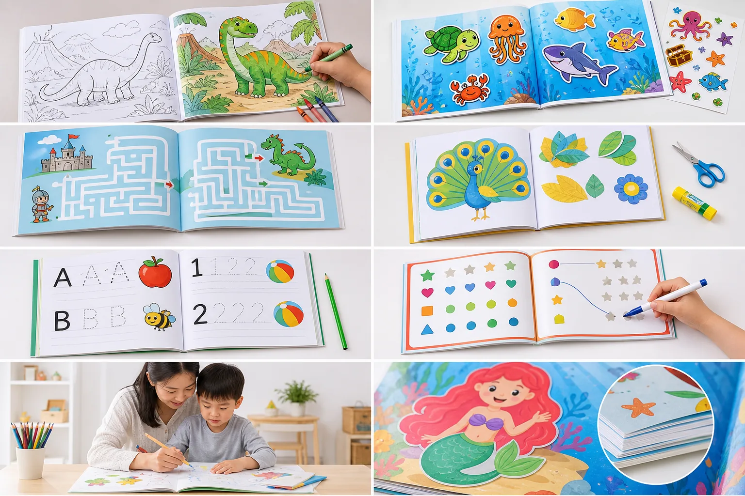著色書、貼紙書、迷宮書、練習冊與手工活動書的八種產品實景