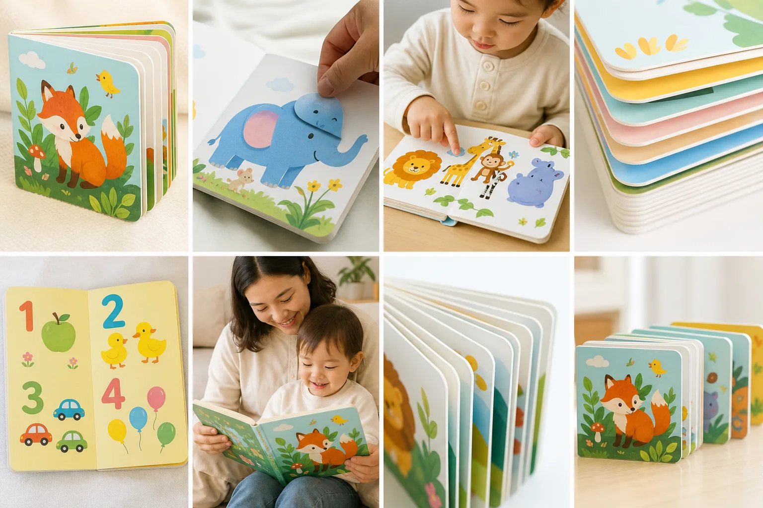 兒童板仔書、厚板圓角書、認知書與親子共讀的八種產品實景