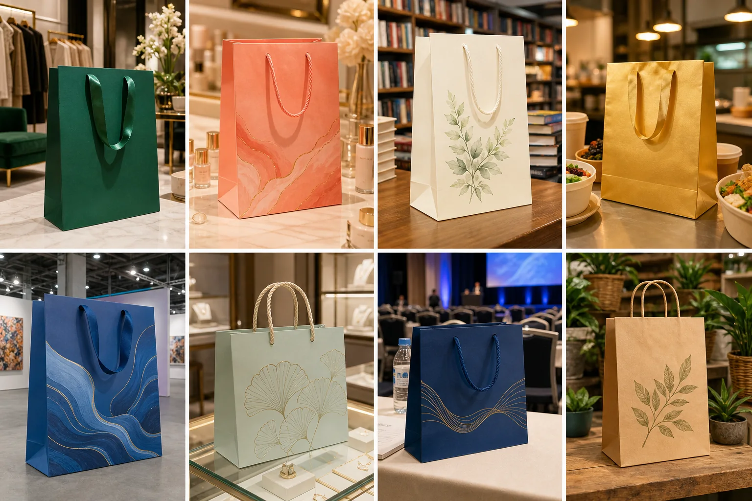 精品、化妝品、書店、餐飲、展會、首飾、企業活動與牛皮紙手挽袋的八種實景